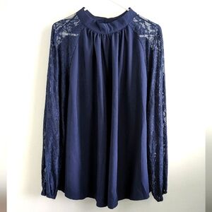 Shein Curve 4XL Navy Blue Lightweight High Neck Lace Long Sleeve Top